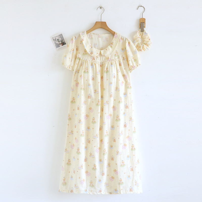 Pure cotton double-layer gauze doll collar cute cartoon summer short-sleeve long dress cream bear plus size home wear can be worn outside Pure cotton double-layer gauze doll collar cute cartoon summer short-sleeve long dress cream bear plus size home wear can be worn outside