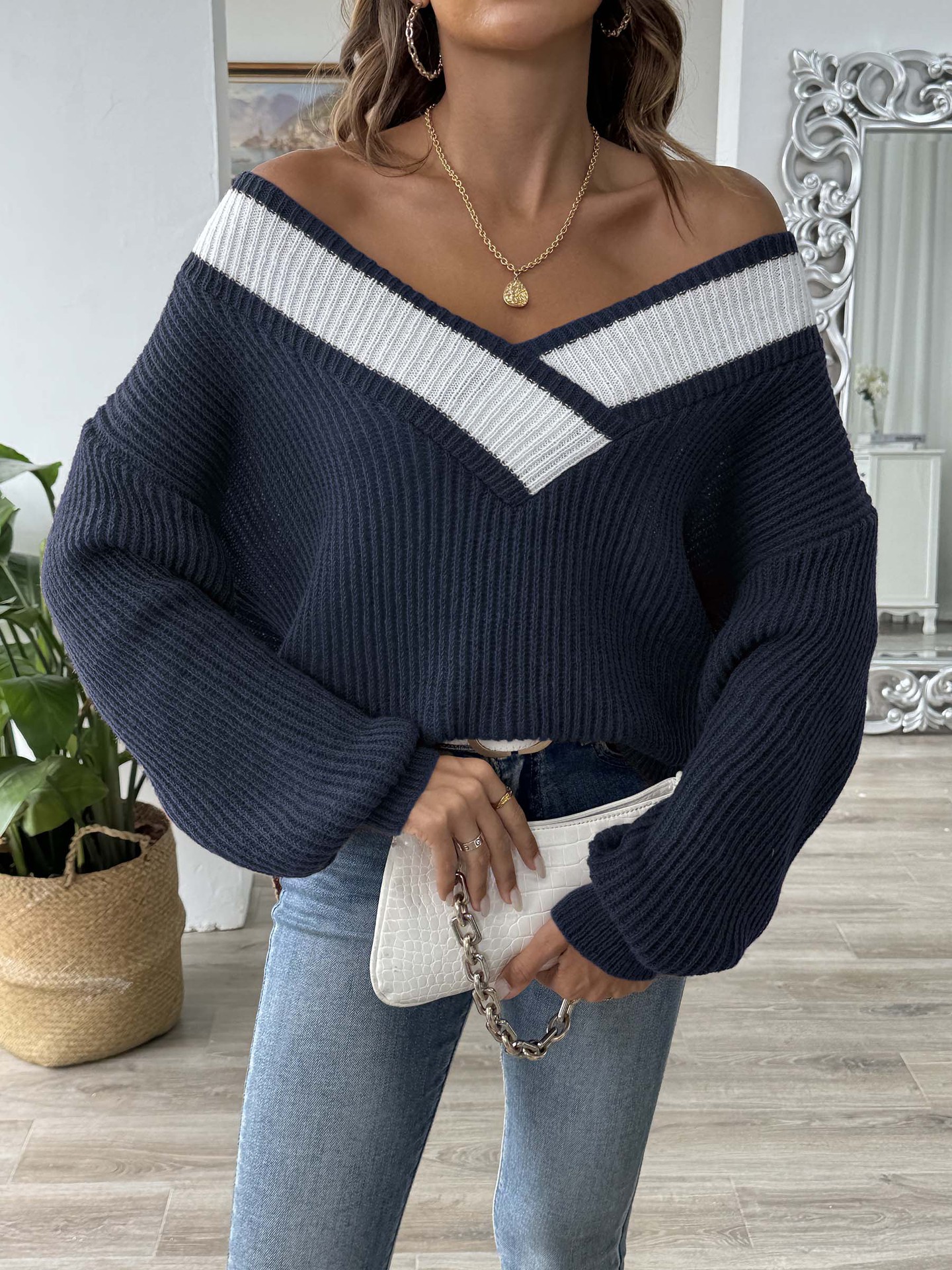 Women's Sweater Contrast V-neck Loose Knit Pullover For Autumn_voghion.com