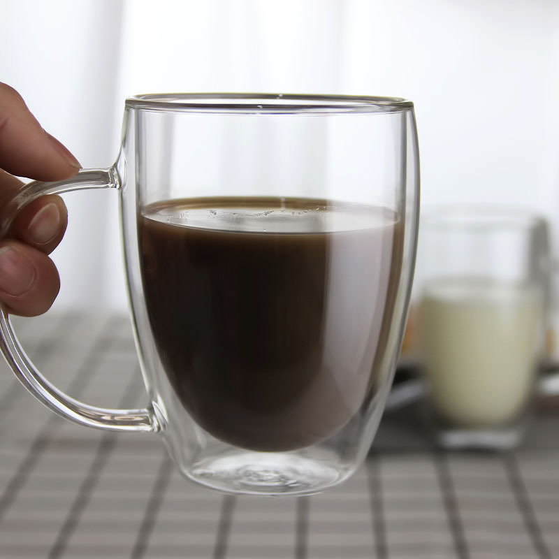 Celebridad de Internet de doble capa de vidrio con mango lindo café taza de jugo taza de agua transparente al por mayor de alta temperatura resistente oficina taza de té