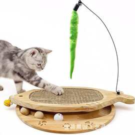 跨境木质猫抓板小鱼造型猫咪解闷转盘玩具磨爪板逗猫棒解闷猫抓球