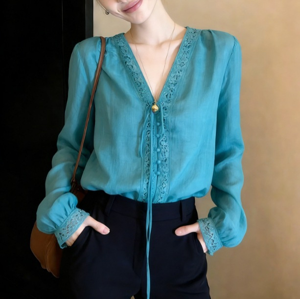 Peacock Blue Shirt for Women, Long-Sleeved, Spring 2026 New Style, High-End, Light Luxury, Good-Looking, Elegant, Beautiful, V-Neck Shirt Peacock Blue Shirt for Women, Long-Sleeved, Spring 2026 New Style, High-End, Light Luxury, Good-Looking, Elegant, Beautiful, V-Neck Shirt