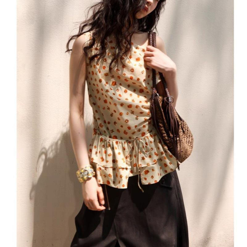 Pure Cotton Lightweight Breathable Orange Floral Print Top with Asymmetrical Hem, Lace Shoulder Detailing, and Twisted Waist Pure Cotton Lightweight Breathable Orange Floral Print Top with Asymmetrical Hem, Lace Shoulder Detailing, and Twisted Waist