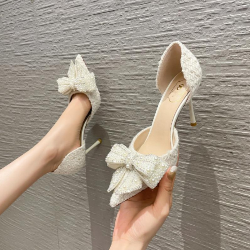 Black High Heels Women's Stiletto Heel Pointed 2025 New Arrival Bow Rhinestone Single Shoes Hollow Sandals plus size 42