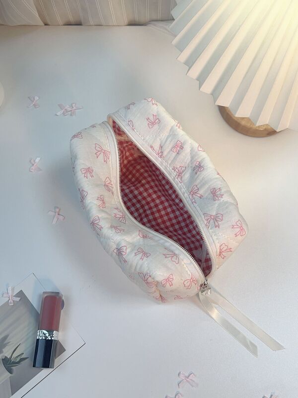 在庫あり ins 文学フレッシュ化粧品バッグリボンしわ布花柄トイレタリーバッグ旅行スキンケア製品収納袋|undefined