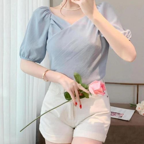 French-style puffed collar short-sleeve women's top 2025 summer design sense niche trendy chiffon blouse for women trendy