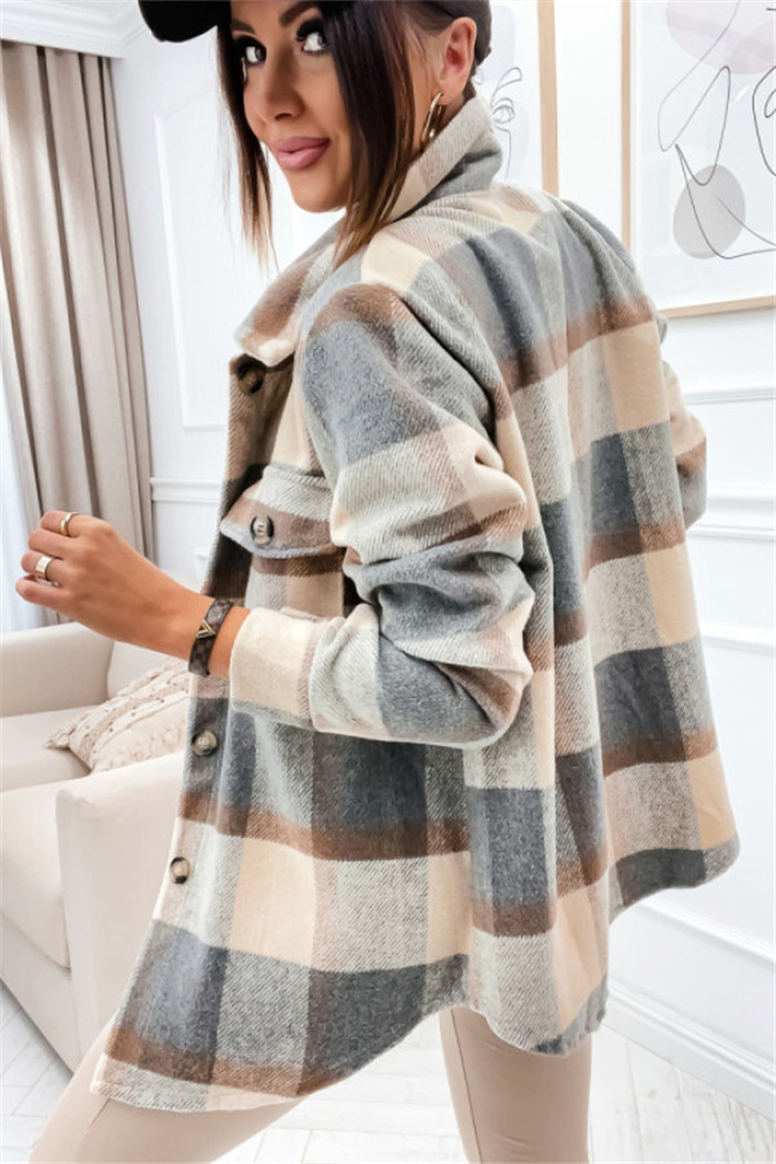 Women's Fashion Plaid Pocket Single Breasted Coat Woolen Coat display picture 1