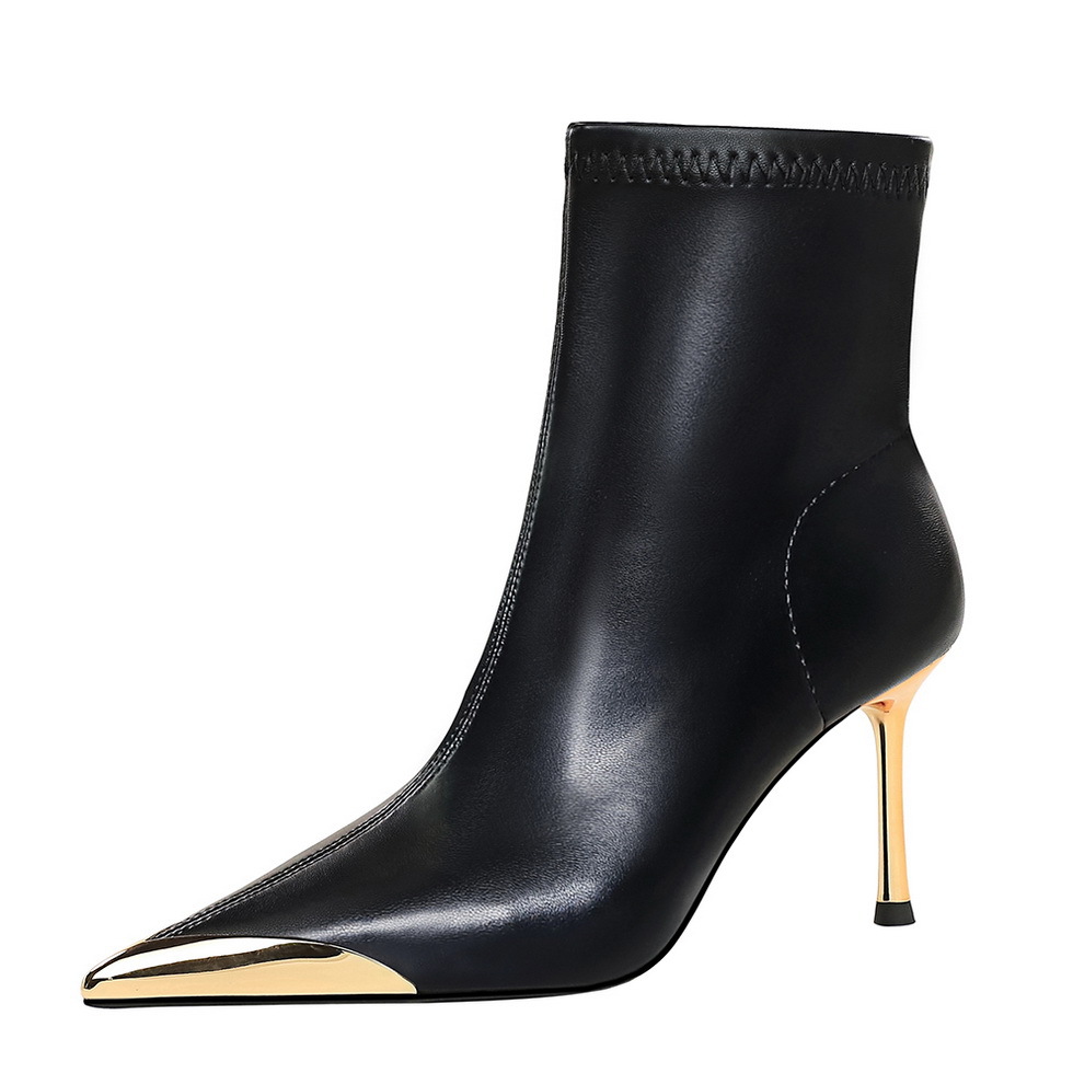 ShoeGlobe 319-11 European And American Style Winter Thin Super High Heel Women's Metal Pointed Iron Toe Fashion Short Boots_voghion.com