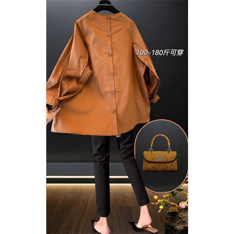 Design Sense Spring and Autumn Chubby Sister plus size Shirt All-match Back Button Chic Solid Color Round Neck Shirt Top Women's Clothing