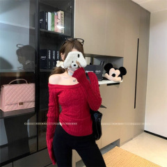 本命年斜肩一字肩麻花毛衣女春秋纯欲辣妹修身显瘦长袖针织衫上衣