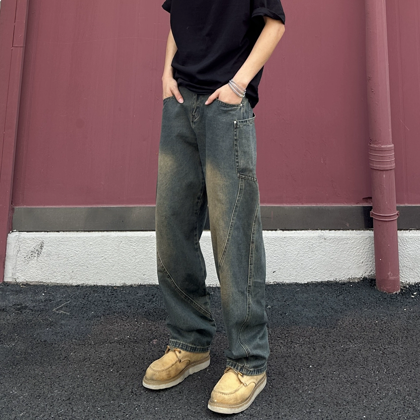 Модные джинсы-семибраты для мужчин, весна-осень 2025, новые свободные брюки с широкими штанинами, американский ретро-стиль, длинные брюки