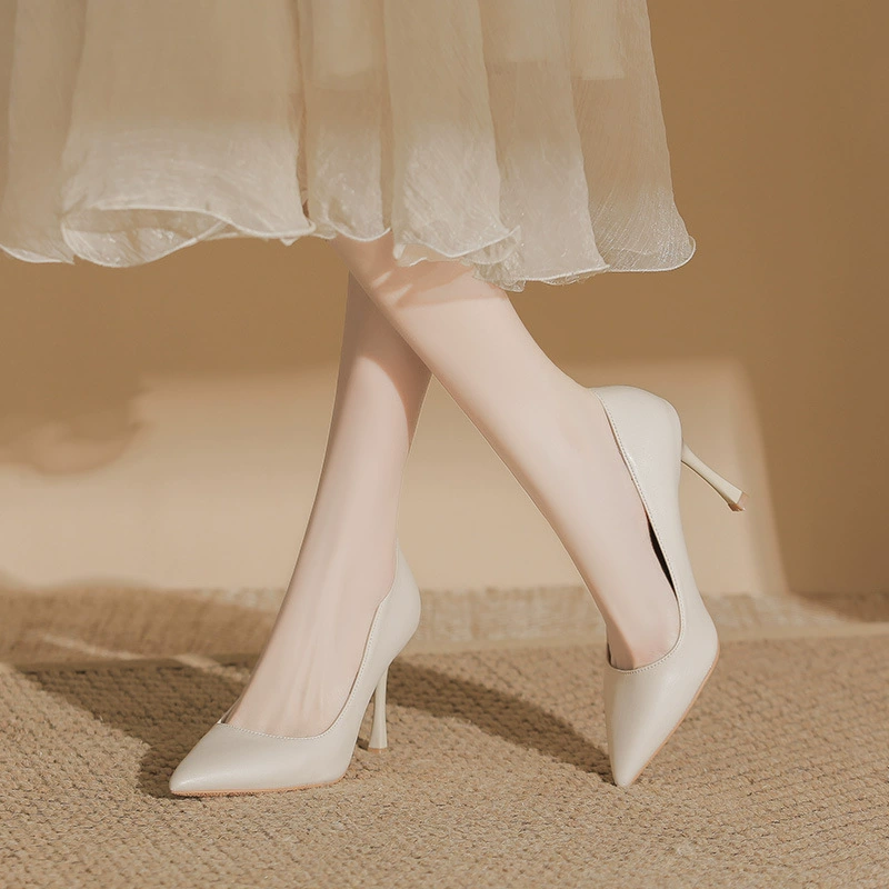 [2025 new leather thin heel pointed toe large size widened fat feet commuting high heels for women simple work women's shoes]
