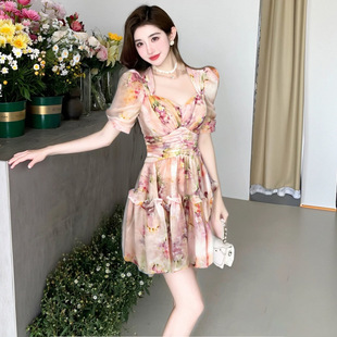 A French Summer Lotus Leaf Holiday Slimming Look New Style Printed Simple mm Accessible Luxury Elegant Waist Dress Floral Short Skirt
