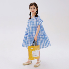 女童夏装连衣裙2022新款韩版公主裙女大童夏季裙子甜美洋气格子裙