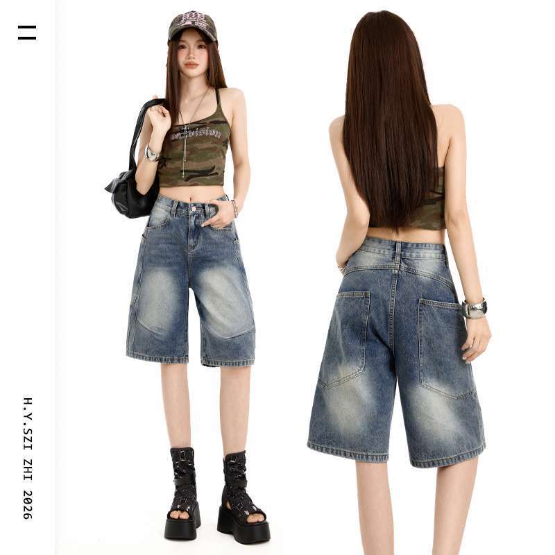 In-Stock Wholesale Summer Trendy American-Style Patchwork Cool Street-Style Denim Shorts for Women