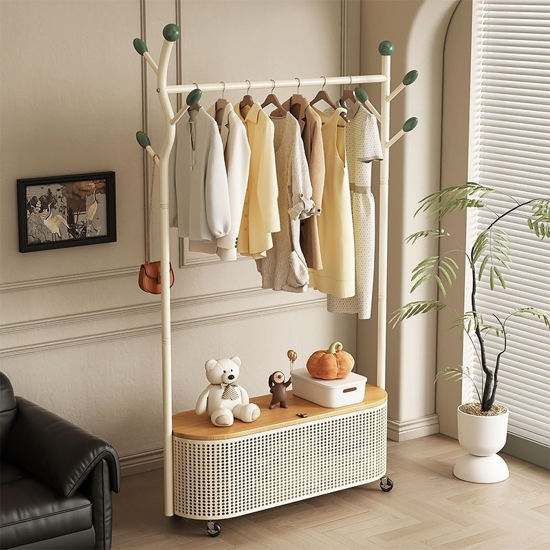 Household Coat Rack Floor-Standing Bedroom Removable Wheeled Clothes Rack Imitation Rattan Basket with Cover Storage Rack Clothes Drying Rack