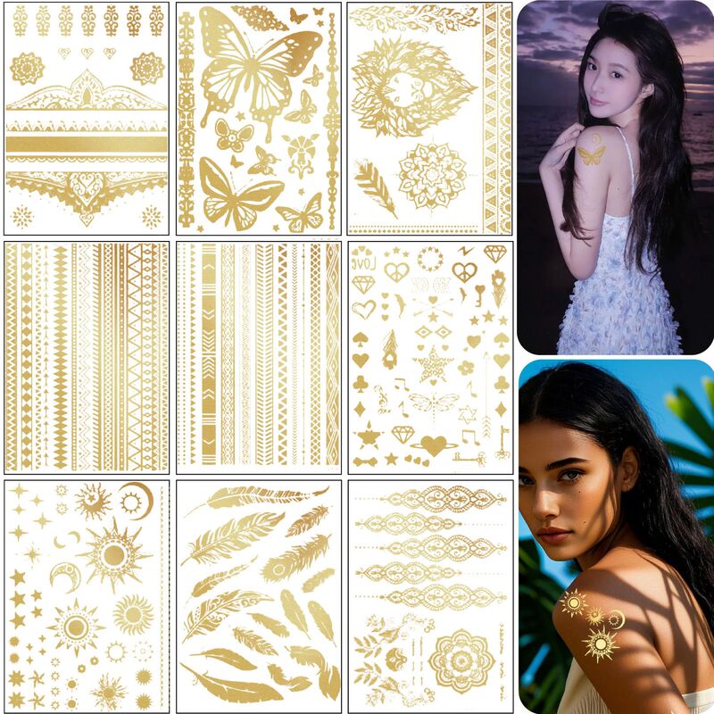 Cross-Border Hot Stamping Tattoo Stickers in Stock, New Waterproof and Sweat-Proof Metal Lace Temporary Tattoo Stickers, Customizable Cross-Border Hot Stamping Tattoo Stickers in Stock, New Waterproof and Sweat-Proof Metal Lace Temporary Tattoo Stickers, Customizable