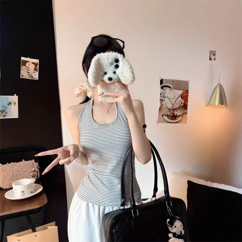 Autumn and Winter Simple and Comfortable Halter Neck Striped Vest Cashmere Thermal Slim Fit Backless U-Neck Top for Women