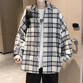格子长袖衬衫男春秋季ins潮外套设计感小众衬衣港风日系上衣服