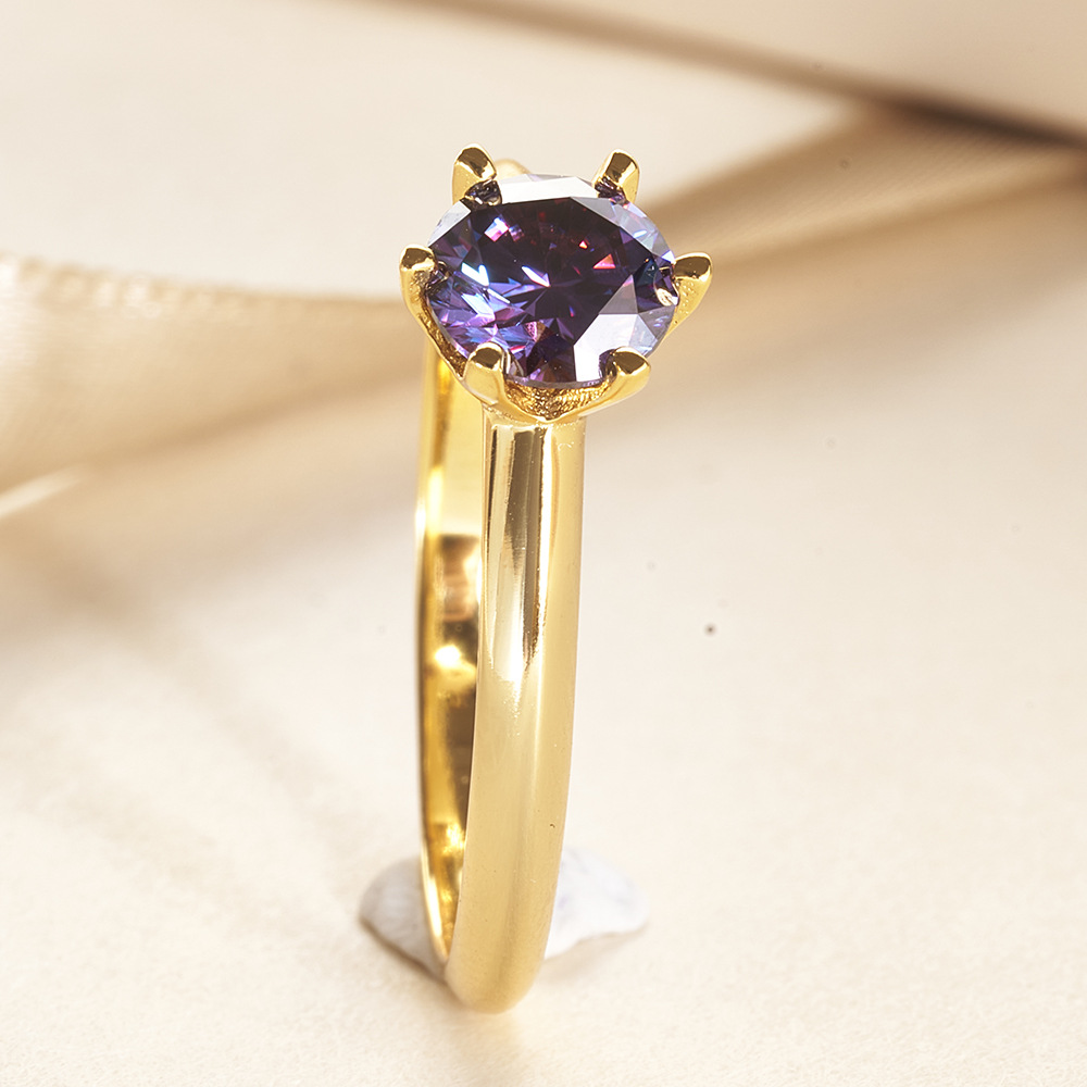 Clásico de seis garras 1 / 2 / 3 quilates de importación de Estados Unidos galvanizado azul púrpura anillo de diamante de oro 18K anillo de color