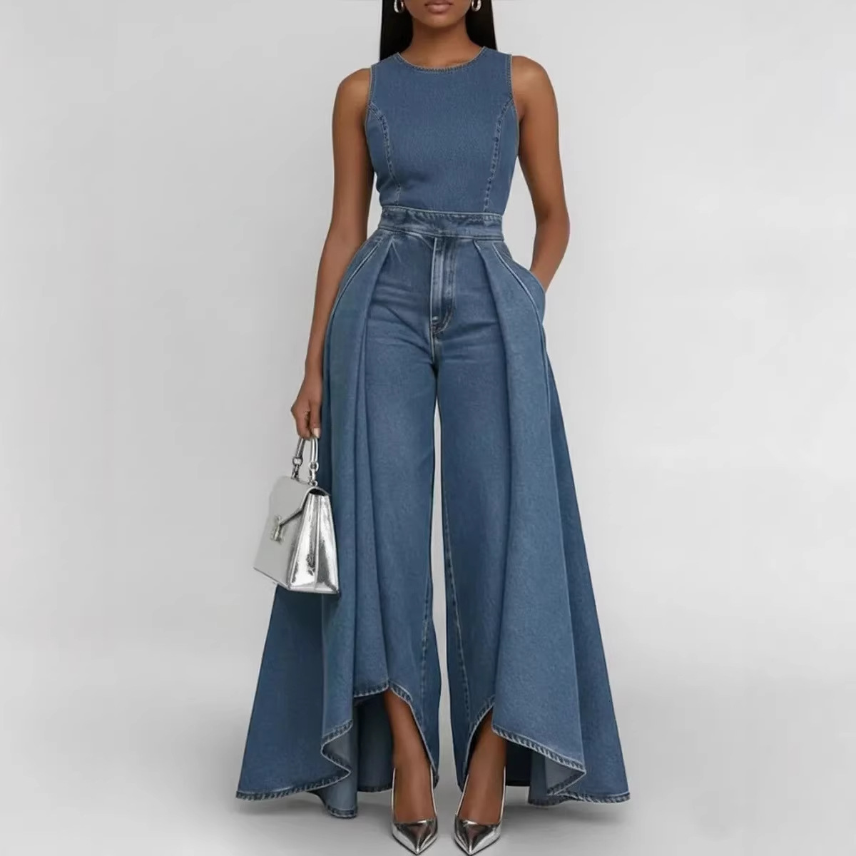 Ropa de mujer Mono vaquero informal sin mangas con cuello redondo y pernera ancha para mujer, ideal para ocasiones formales e informales._voghion.com