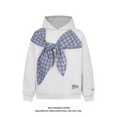 设计感原创美式学院风蝴蝶结丝巾连帽卫衣男女秋冬情侣款宽松外套