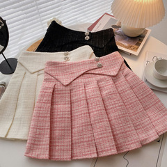 Girls' small fragrant pleated skirt spring and autumn new Korean style elastic high-waist floral diamond tweed A-line plaid skirt