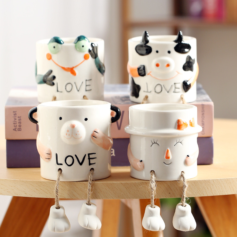 吊脚小动物花盆个性创意卡通白瓷彩绘奶牛青蛙多肉花盆陶瓷特价