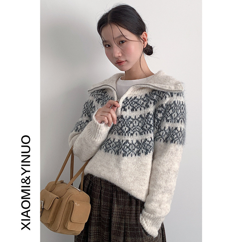 [Oufan] Rabbit Plush Blended Long-Haired Fair Isle Sweater Half-Zip Lapel Jacket Warm Cardigan 11004