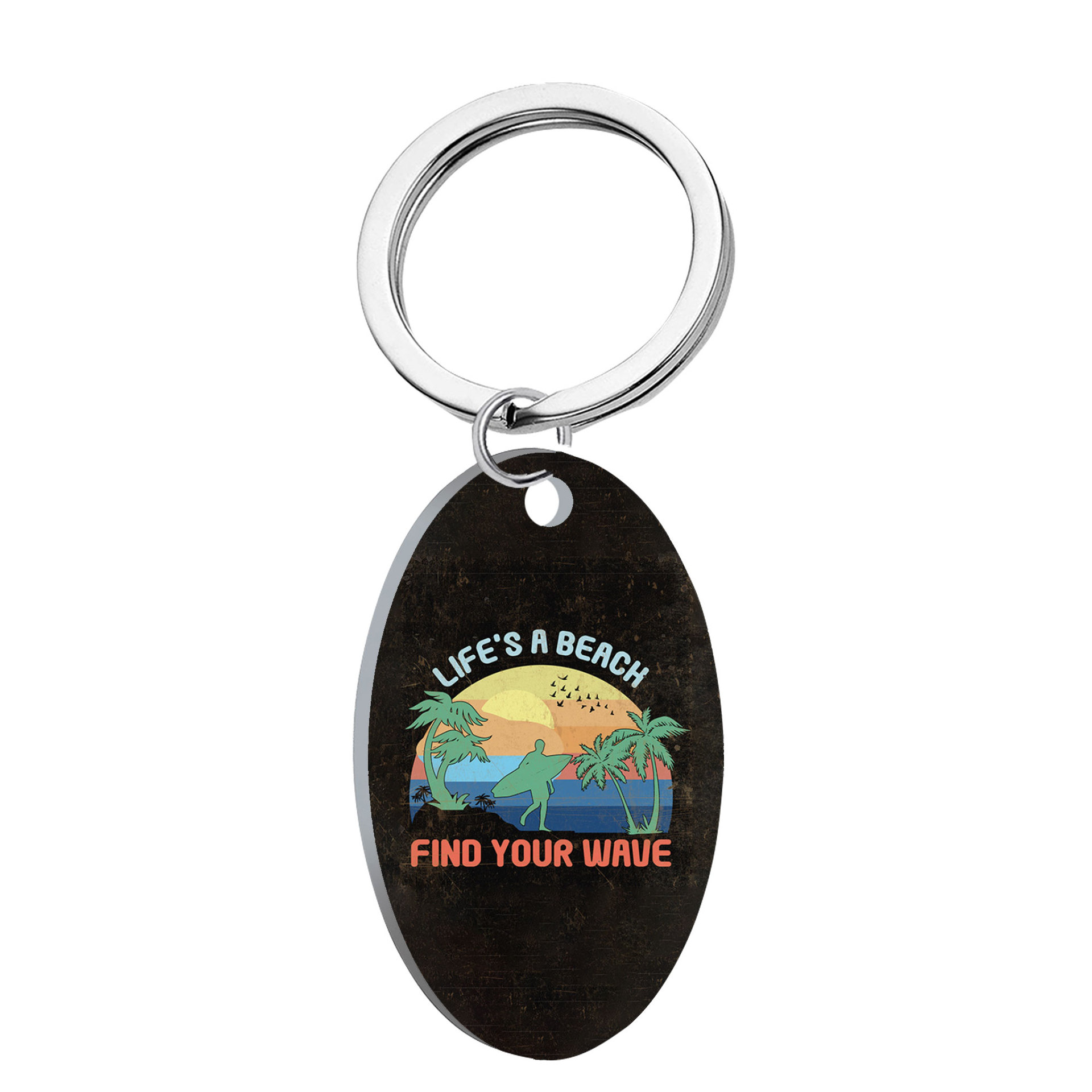 Amazon transfronteriza de acero inoxidable surf vintage teléfono móvil colgante llavero oval letras accesorios imagen impresa al por mayor