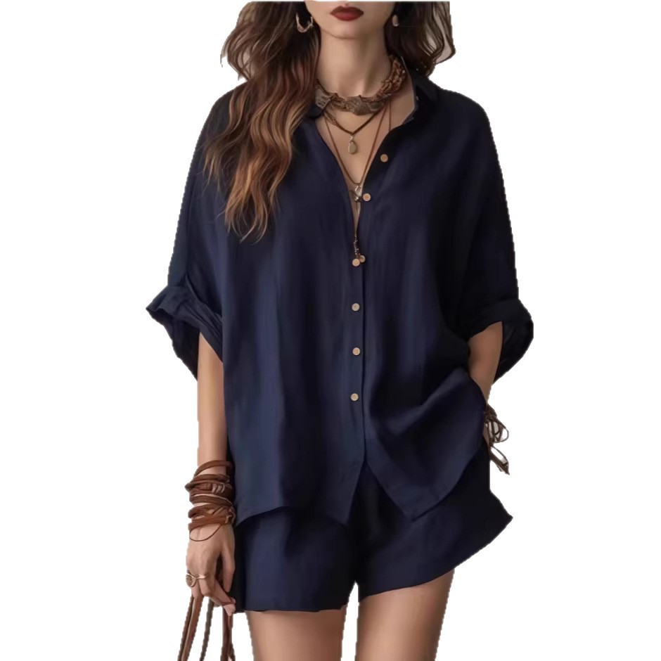 Women's Fashion Casual Suit Solid Color Loose Button Down Shirt And Shorts Spring/Summer New Style Clothing_ecoleips.com