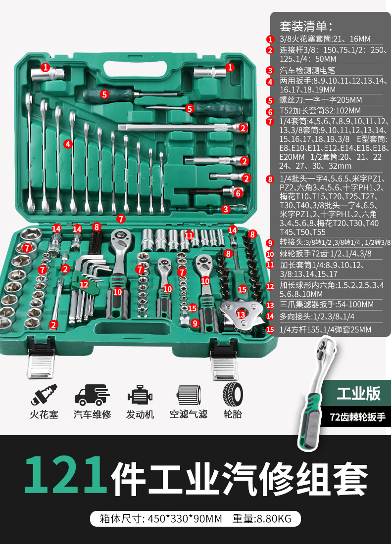 Repair kit, Shiyong Socket Combination Sleeve - 72-tooth-bent-handle-ratchet-wrench-121-piece-set