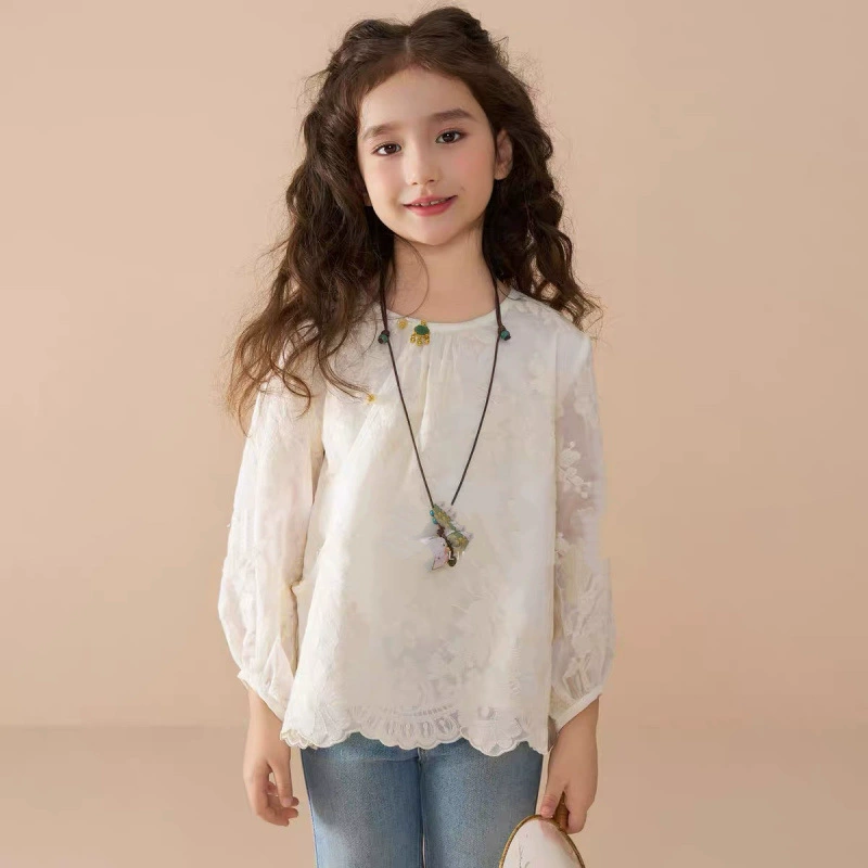 Весенне-осенний топ из чистого хлопка для детей старшего возраста, стильная рубашка принцессы для девочек, рубашка с длинными рукавами в британском стиле для верхней одежды.
