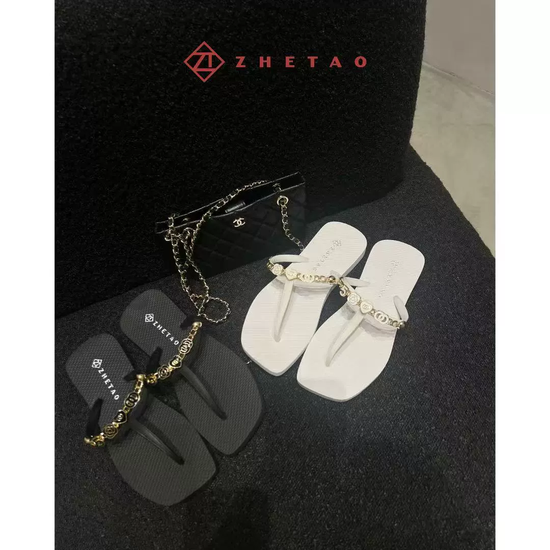 ZHETAO2025 весна-лето новый маленький ароматный ветер серии цепи с зажатыми пальцами холодные тапочки с плоским дном противоскользящие T-образные тапочки