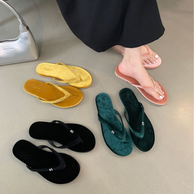 Summer All-match Flat Flip-flops Chanel Style Rhinestone Velvet Outer Wear Fairy French Style New Flip-flops for Women