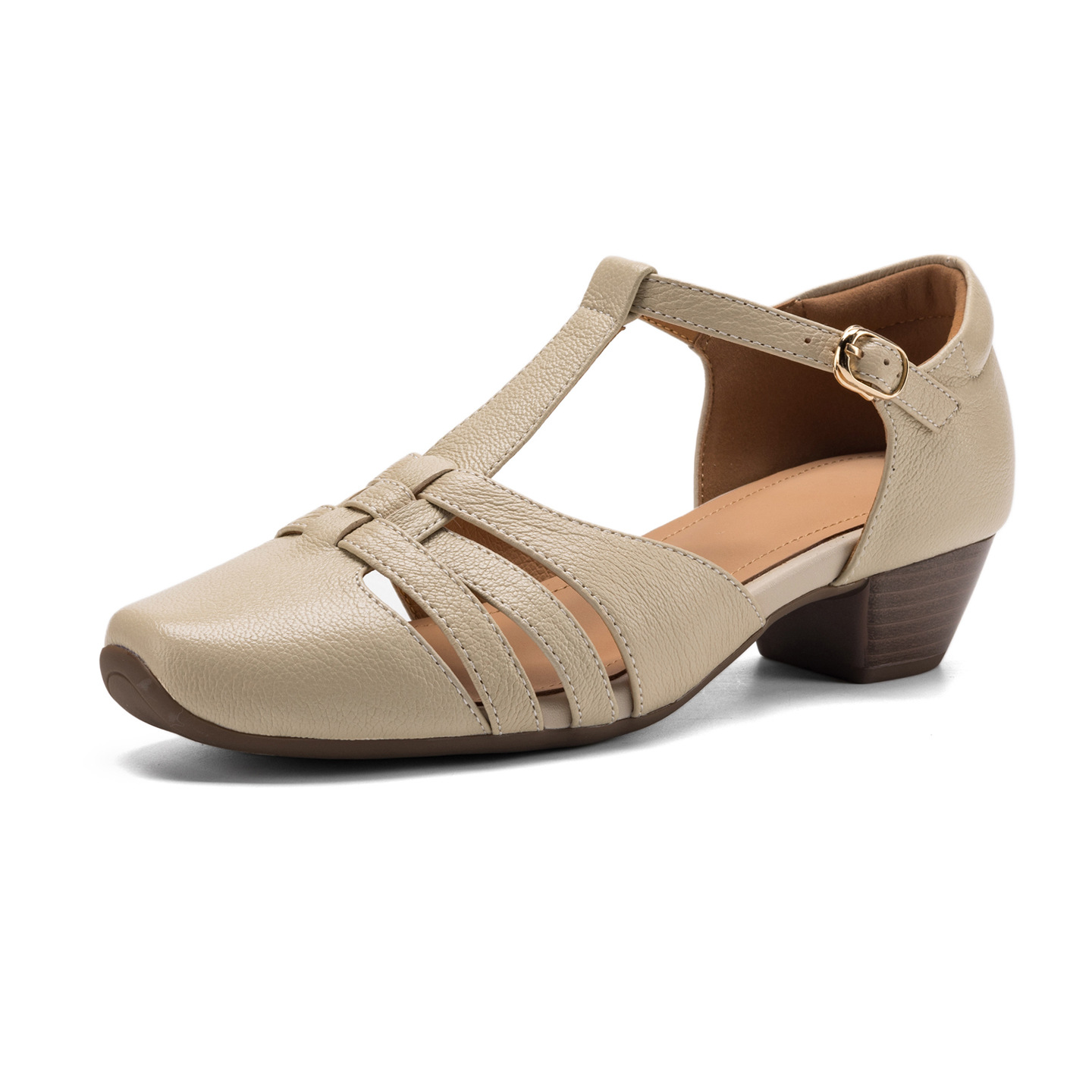 Sandal nữ da cừu dệt bao đầu mũi vuông gót dày 3.5cm quai ngang kiểu La Mã — màu trắng ngà