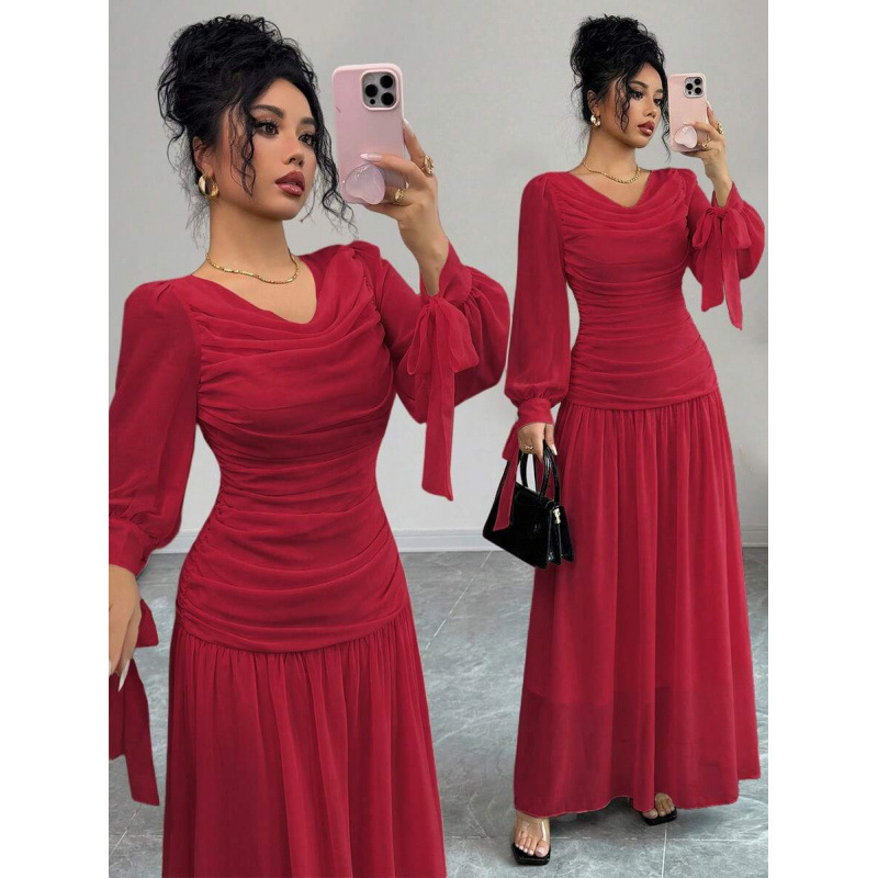 Cross-Border Amazon Europe and America 2026 Summer New Design Elegant Draped Collar Tie-Up Lantern Sleeve Chiffon Dress Cross-Border Amazon Europe and America 2026 Summer New Design Elegant Draped Collar Tie-Up Lantern Sleeve Chiffon Dress