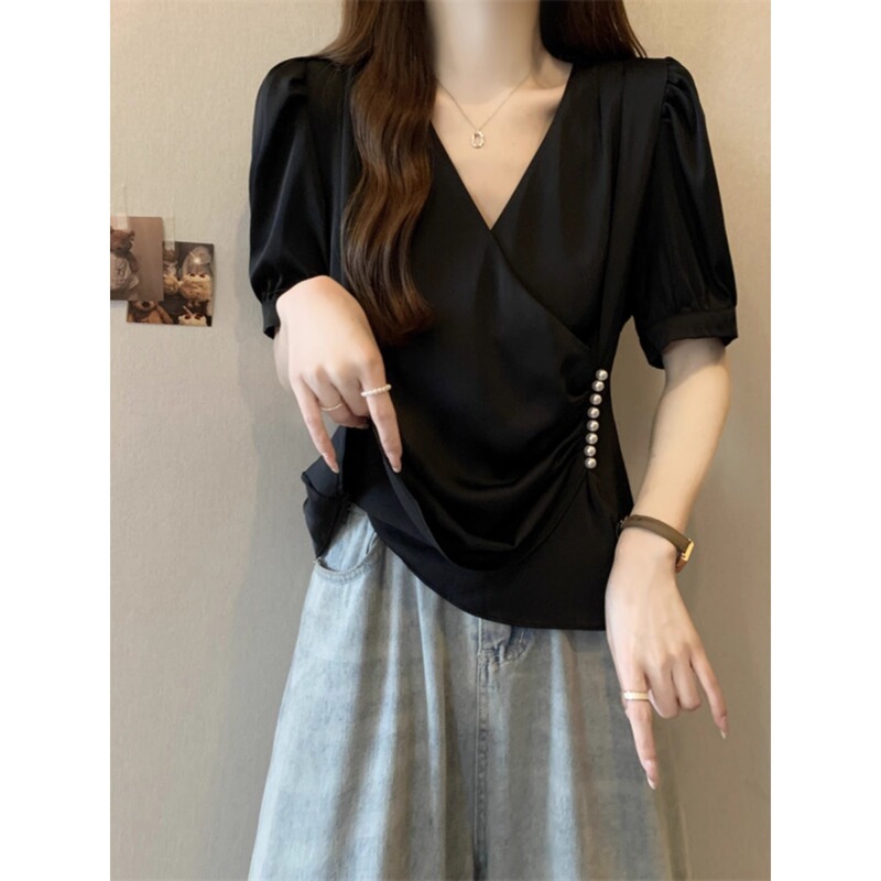 plus size Women's Belly Covering V-Neck Shirt Women's Summer Chubby Sister's Tight Waist Slimming Short Shoulder Top A3980