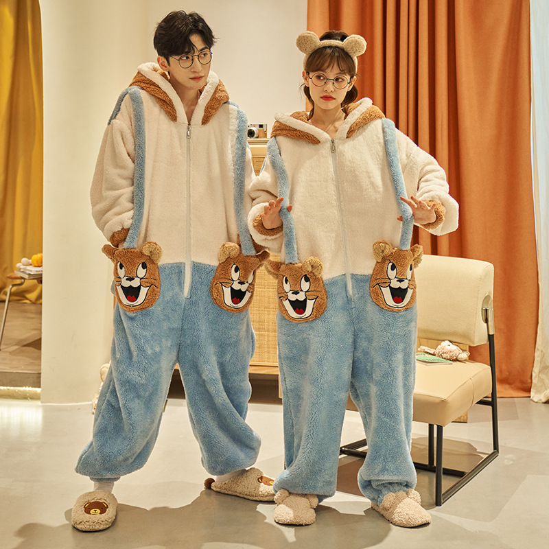 Invierno pareja pijamas de dibujos animados de las mujeres con capucha más el tamaño cálido estudiante ins estilo de una sola pieza desgaste del hogar 200kg usable