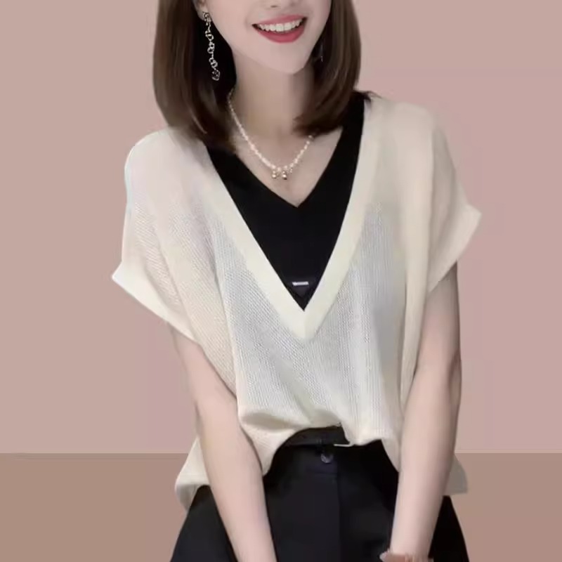 Áo thun nữ tay ngắn cổ chữ V giả hai mảnh dáng rộng che bụng — Màu đen chi tiết 5