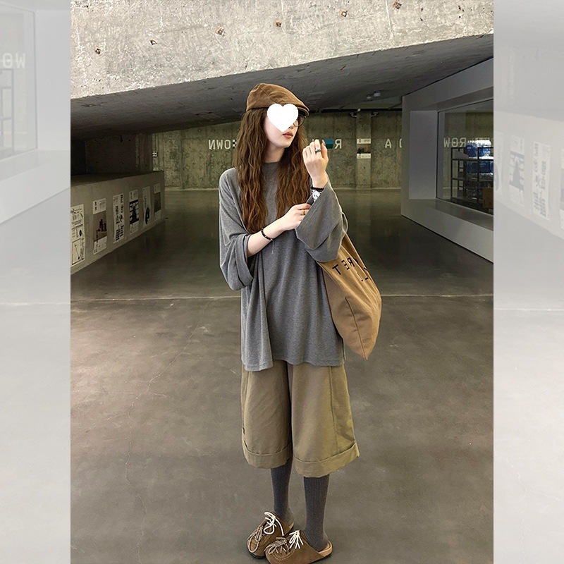 跨境早秋季韩系ootd穿搭巨看的一整套装女绝美长袖t恤阔腿裤两件|undefined