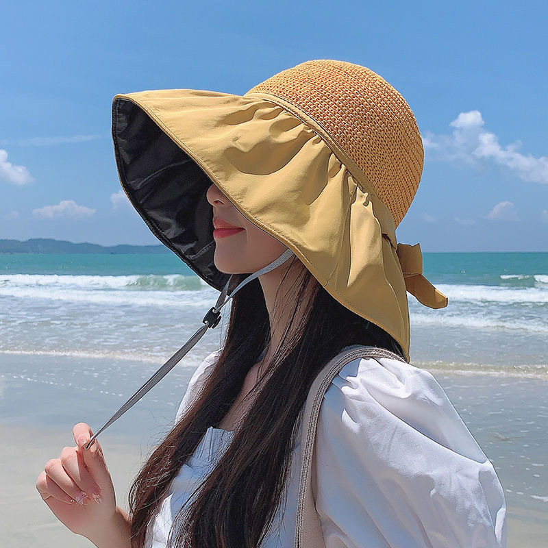 Summer new style big brim black glue hollow hat simple Japanese sweet breathable women's beach sun hat fisherman basin hat