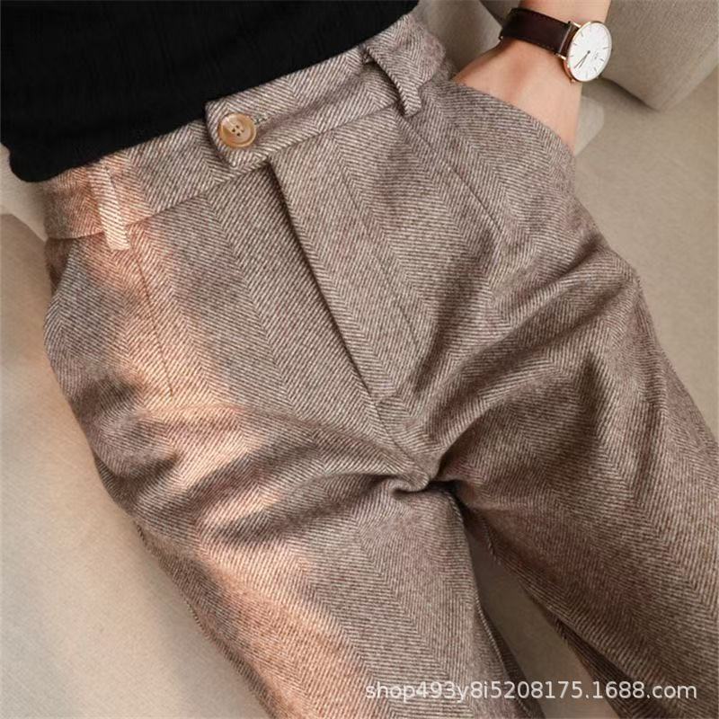 Dropshipping) Herringbone Woolen Pants for Women Autumn and Winter Casual Slim Pants Wholesale Overseas Cross-Border Suit Pants