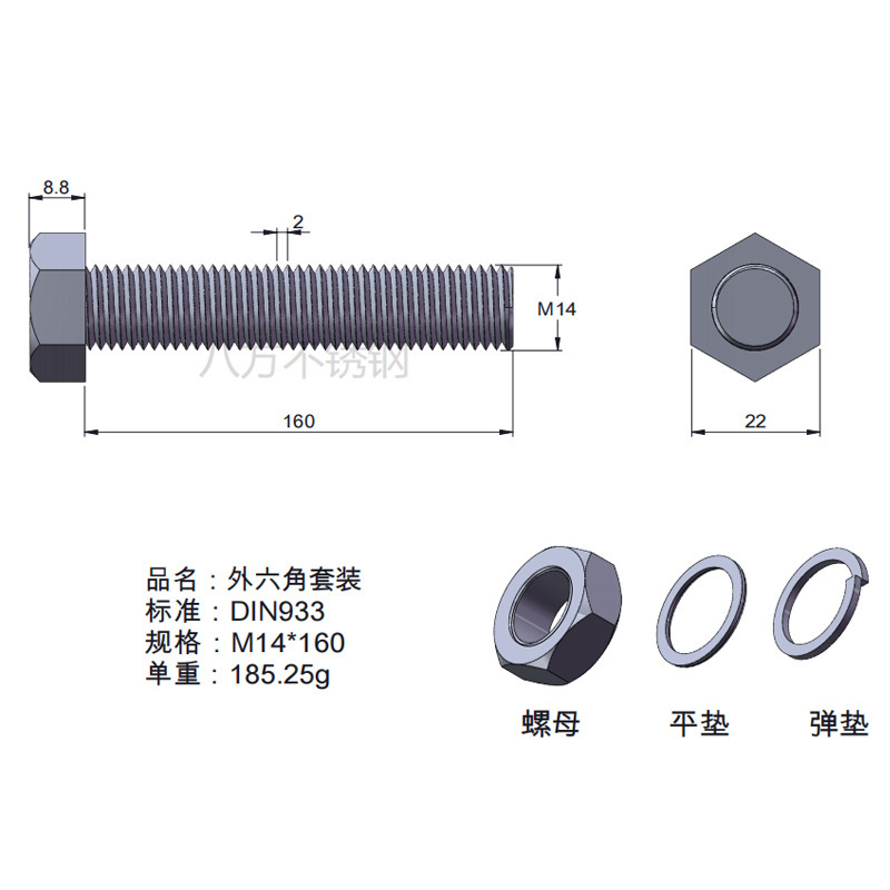 Tuerca de tornillo 304 acero inoxidable hexagonal conjunto de alta resistencia con almohadilla perno de tornillo antideslizante M3M4M5M6M12