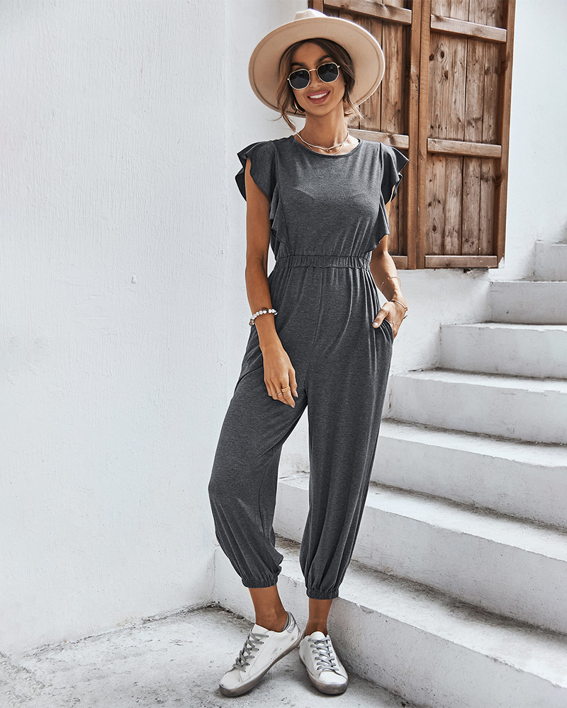 summer solid color short-sleeved waist-girding jumpsuit  NSKA121432