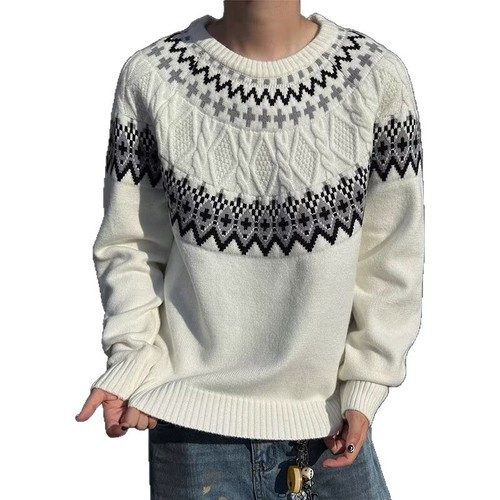 Retro Autumn/Winter 2025 Novelty Patterned Crew Neck Knit Top for Men, Loose Couple Casual Crewneck Sweater Set