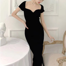 2025夏季日韩版女装V领短袖毛衣连衣裙修身显瘦开叉针织长裙6509A