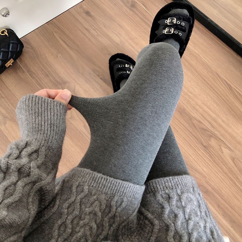 Gray Leggings for Women, Spring and Autumn Thin Outerwear, Pressure Slimming, Vertical Stripes, Solid Color, Cotton, Autumn and Winter Fleece-Lined Pantyhose