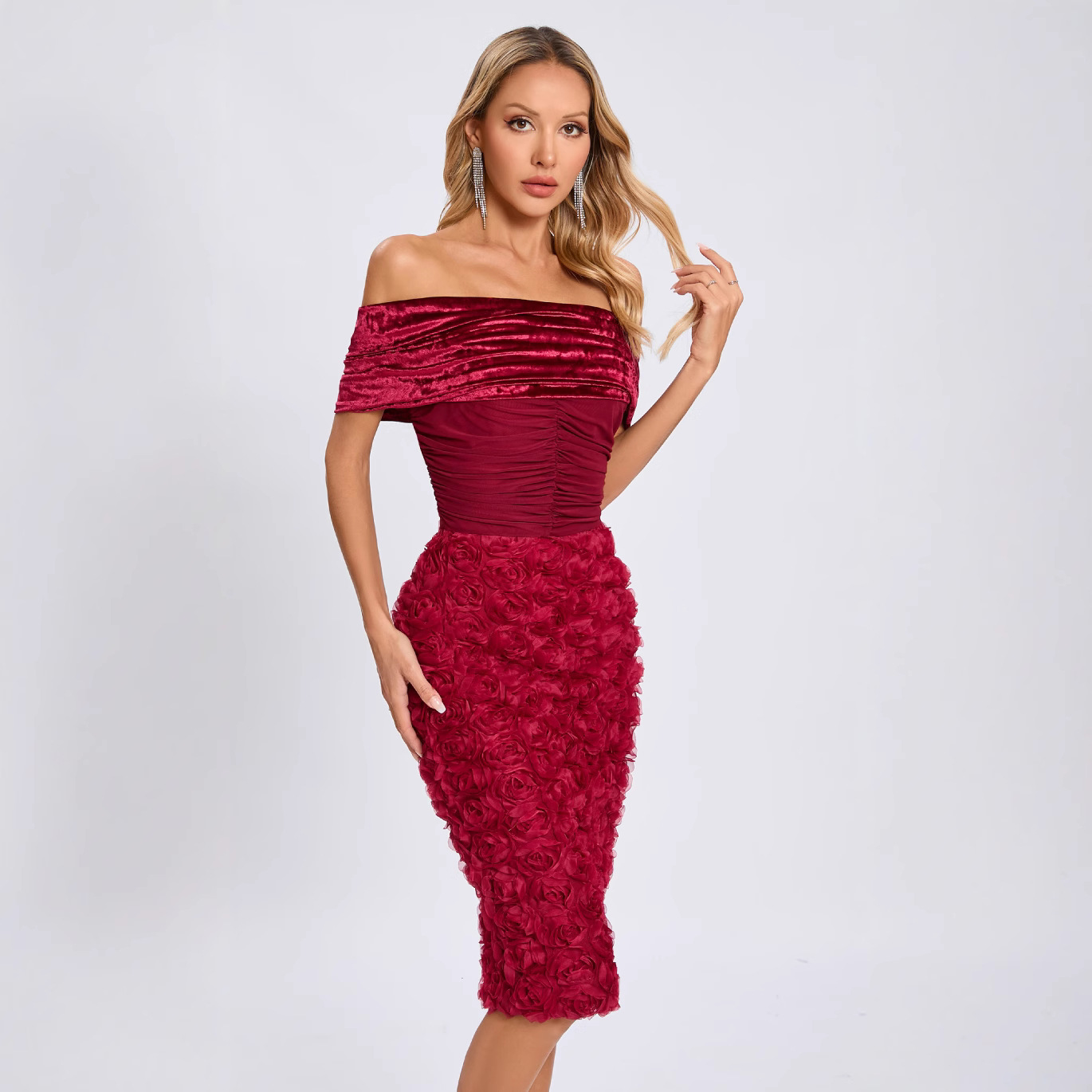 Cross-border off-shoulder evening gown new close-fitting slimming sexy three-dimensional flower hip dress elegant commuting dress