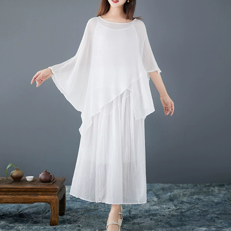 Весенний и летний новый ретро сплошной цвет литературного хлопка и конопли нерегулярного шелка солнцезащитный крем рубашка 3 комплекта чая костюм женский