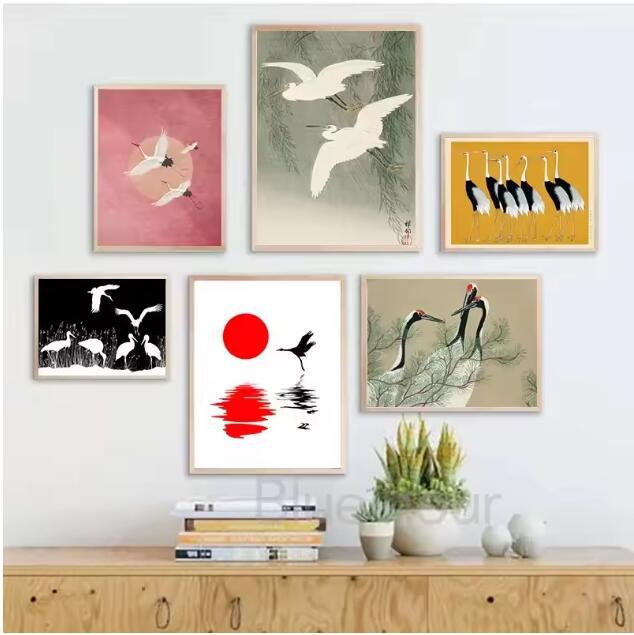 Kudzu Beizhai Red Crane Mixed Gallery Wall Art Canvas Print Nordic Poster Coastal Wall Painting Home Decoration